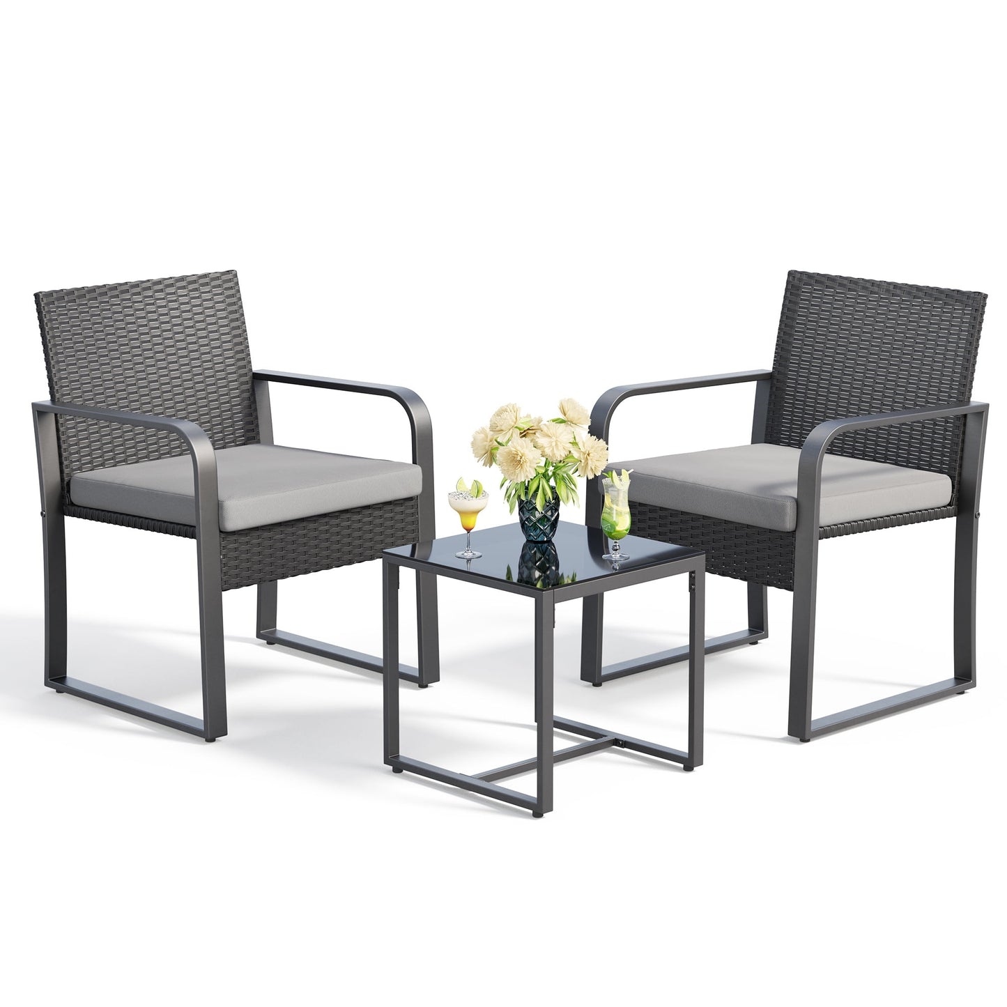 Contemporary 3-Piece Wicker Patio Chair Set with Coffee Table, Ideal for Balconies, Yards, and Gardens, Featuring Gray Cushions (Pillows Not Included)