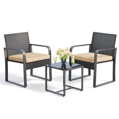 Contemporary 3-Piece Wicker Patio Chair Set with Coffee Table, Ideal for Balconies, Yards, and Gardens, Featuring Gray Cushions (Pillows Not Included)