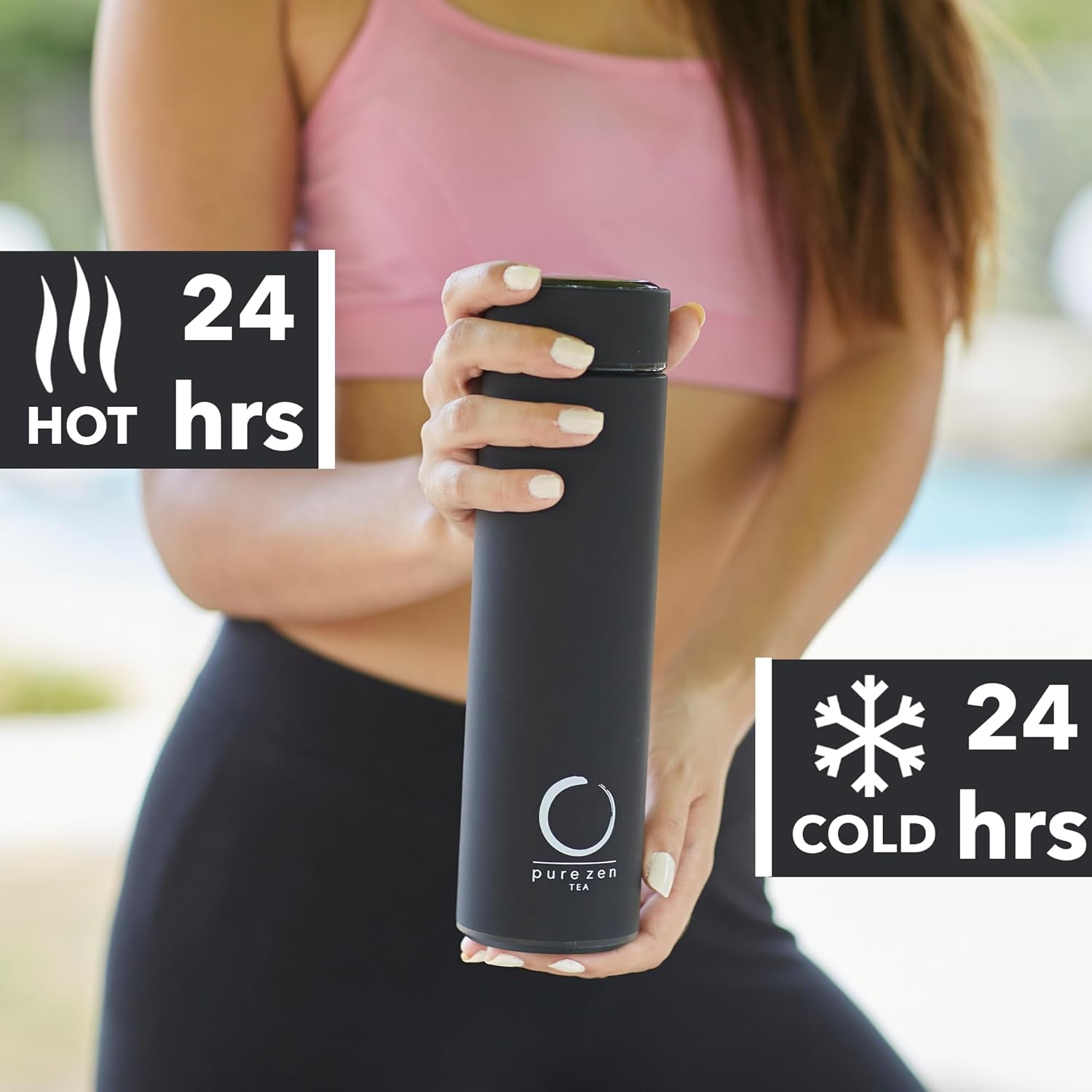 Pure Zen Stainless Steel Tea Thermos with Infuser for Tea, Coffee, and Fruit-Infused Water - Leakproof Travel Mug - 15oz - Black