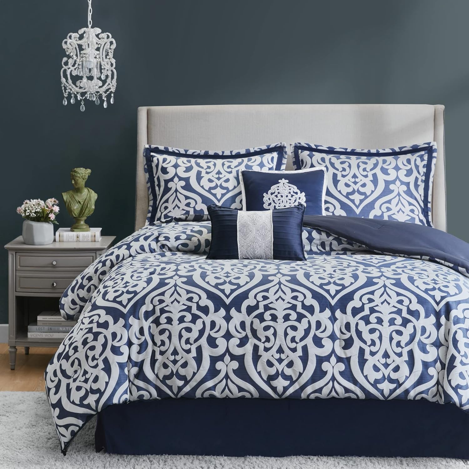 Tesla Jacquard Damask Silver Queen Comforter Set - Luxurious All-Season Down Alternative Bedding with Shams, Bedskirt, and Decorative Pillows