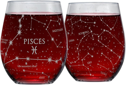 Libra Zodiac Hand-Etched Stemless Wine Glasses - Set of 2, 15 Oz