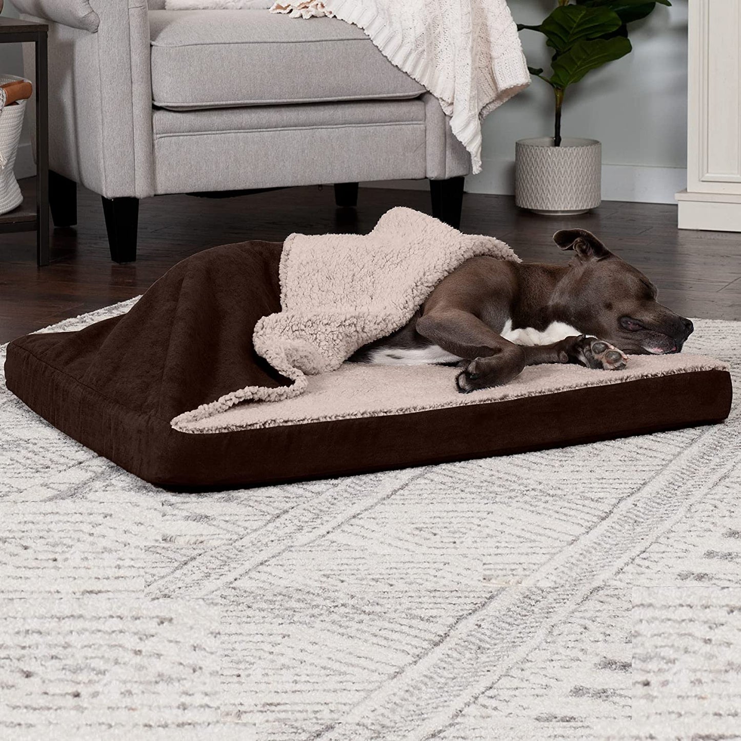 Premium Large Cooling Gel Dog Bed with Removable and Washable Cover for Medium to Large Dogs (Up to 55 lbs) - Espresso Berber and Suede Top Mattress