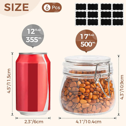 Set of 6 Airtight 17oz Glass Storage Canisters with Lids - Round Food Storage Jars with Clear Preserving Seal and Wire Clip Fastening for Kitchen Storage of Cereal, Pasta, Sugar, Beans, and Spices