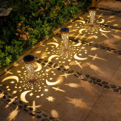 Solar Garden Lights - Waterproof Decorative Stake Lights with Moon and Star Design for Outdoor Patio, Pathway, and Backyard Decor (Copper, Set of 6)