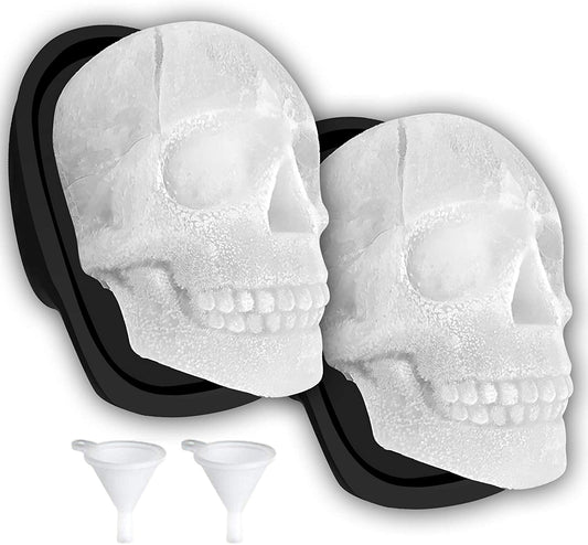 Extra Large 3D Skull Ice Cube Mold - Silicone Tray Set with Funnel for Large Beverage Glasses, Suitable for Resin, Chocolate, and Sugar Crafting - Ideal for Entertaining (2 Pieces)