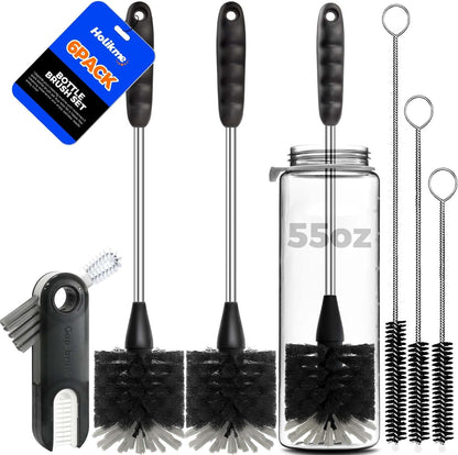 6-Pack Bottle Brush Set - 14" Long-Handle Stainless Steel Cleaner with 3 Straw Brushes and 3-in-1 Design for Water and Baby Bottles, Black