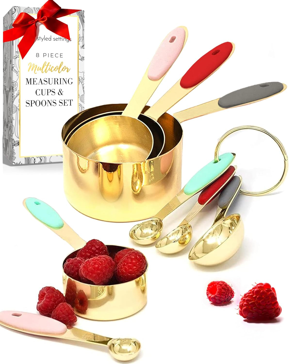 Elegant Rose Gold Copper Measuring Cups and Spoons Set - 8-Piece Stackable Stainless Steel Kitchen Essentials for Culinary Use