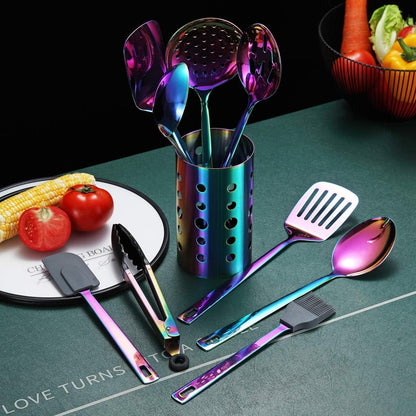 13-Piece Titanium-Plated Stainless Steel Kitchen Utensil Set with Holder, Dishwasher Safe for Non-Stick Cookware