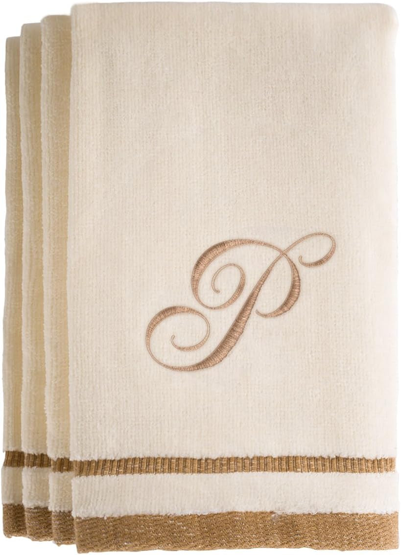 Custom Monogrammed Fingertip Towels Set of 4 - Luxurious Ivory with Golden Brown Embroidery - 100% Cotton, Extra Absorbent - Ideal for Bathroom or Kitchen - Initial H