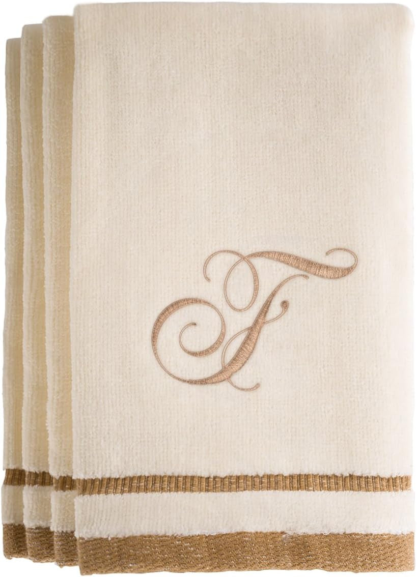 Custom Monogrammed Fingertip Towels Set of 4 - Luxurious Ivory with Golden Brown Embroidery - 100% Cotton, Extra Absorbent - Ideal for Bathroom or Kitchen - Initial H