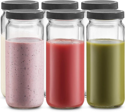 16 Ounce Reusable Glass Mason Jar Bottles with Airtight Plastic Lids - Set of 6 for Juices, Smoothies, Kombucha, Tea, and Homemade Beverages