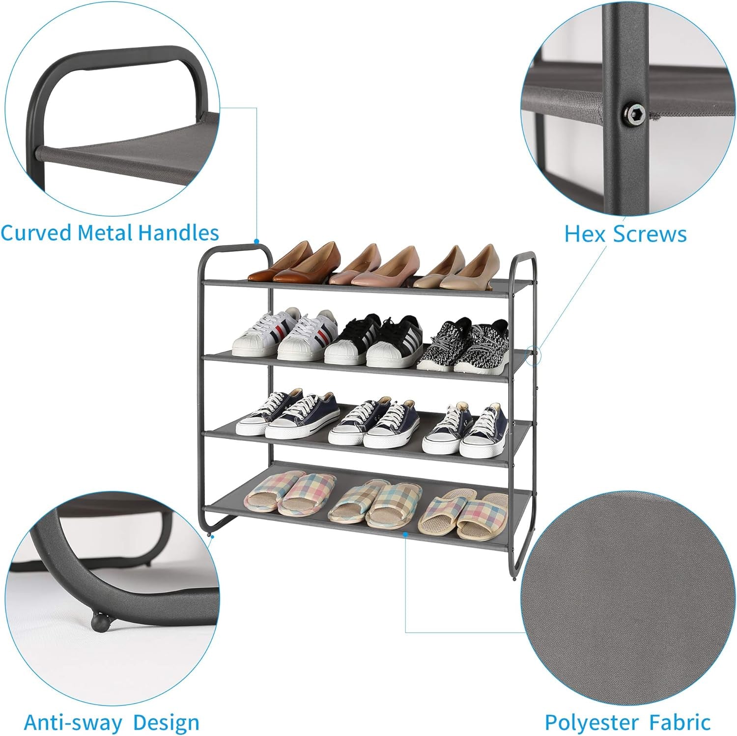 4-Tier Dark Grey Fabric Shoe Rack Organizer for Entryway, Hallway, and Bedroom Storage Solutions