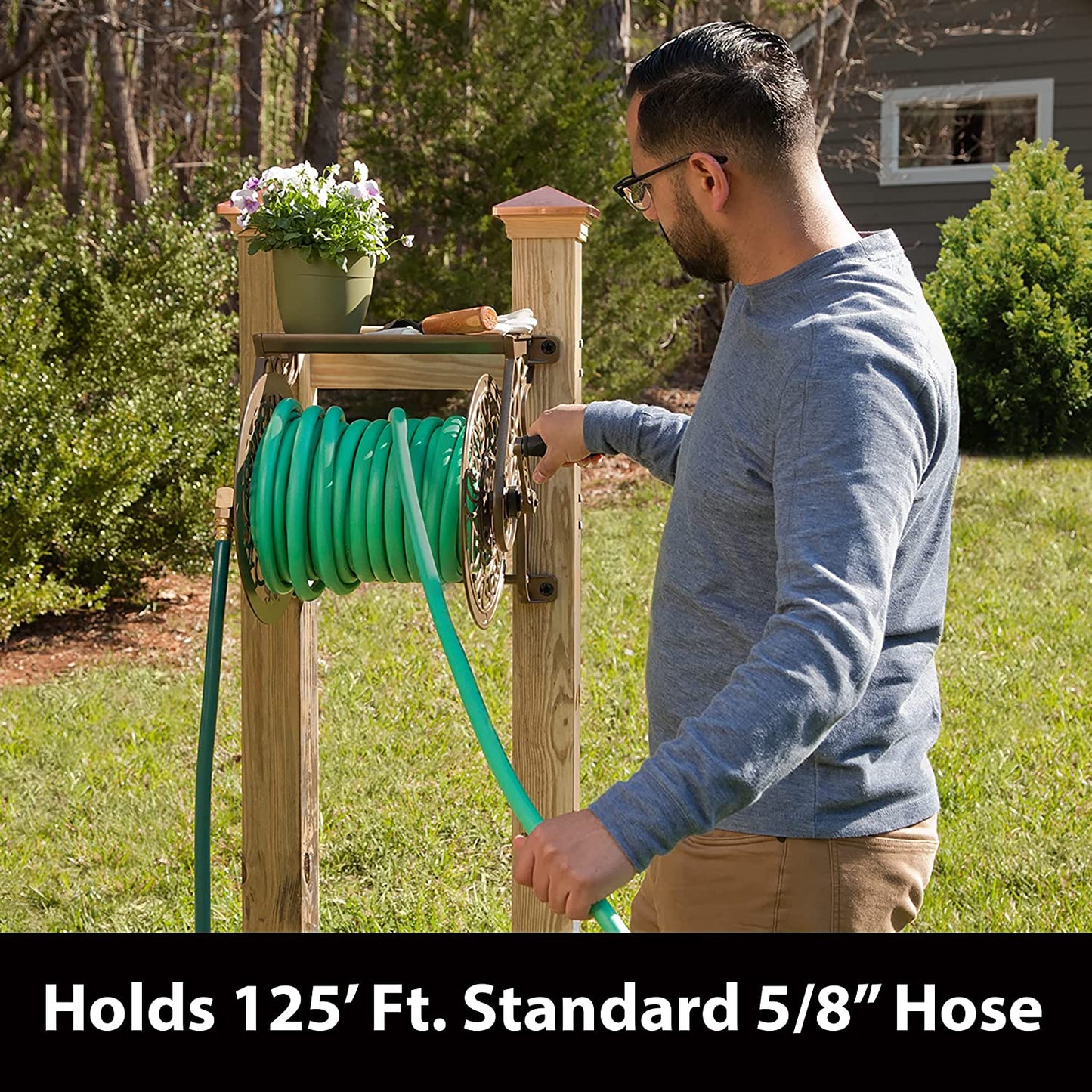 Bronze Wall-Mounted Garden Hose Reel - Accommodates 125 Feet of 5/8-Inch Hose, Crafted from Durable Cast Aluminum