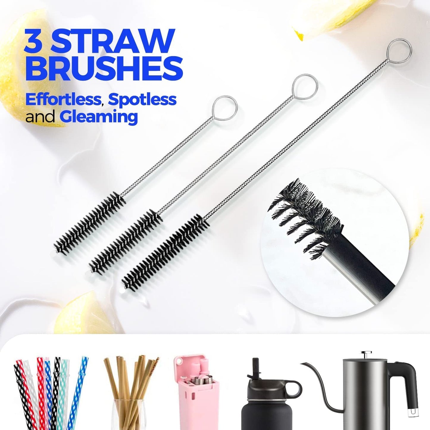 6-Pack Bottle Brush Set - 14" Long-Handle Stainless Steel Cleaner with 3 Straw Brushes and 3-in-1 Design for Water and Baby Bottles, Black