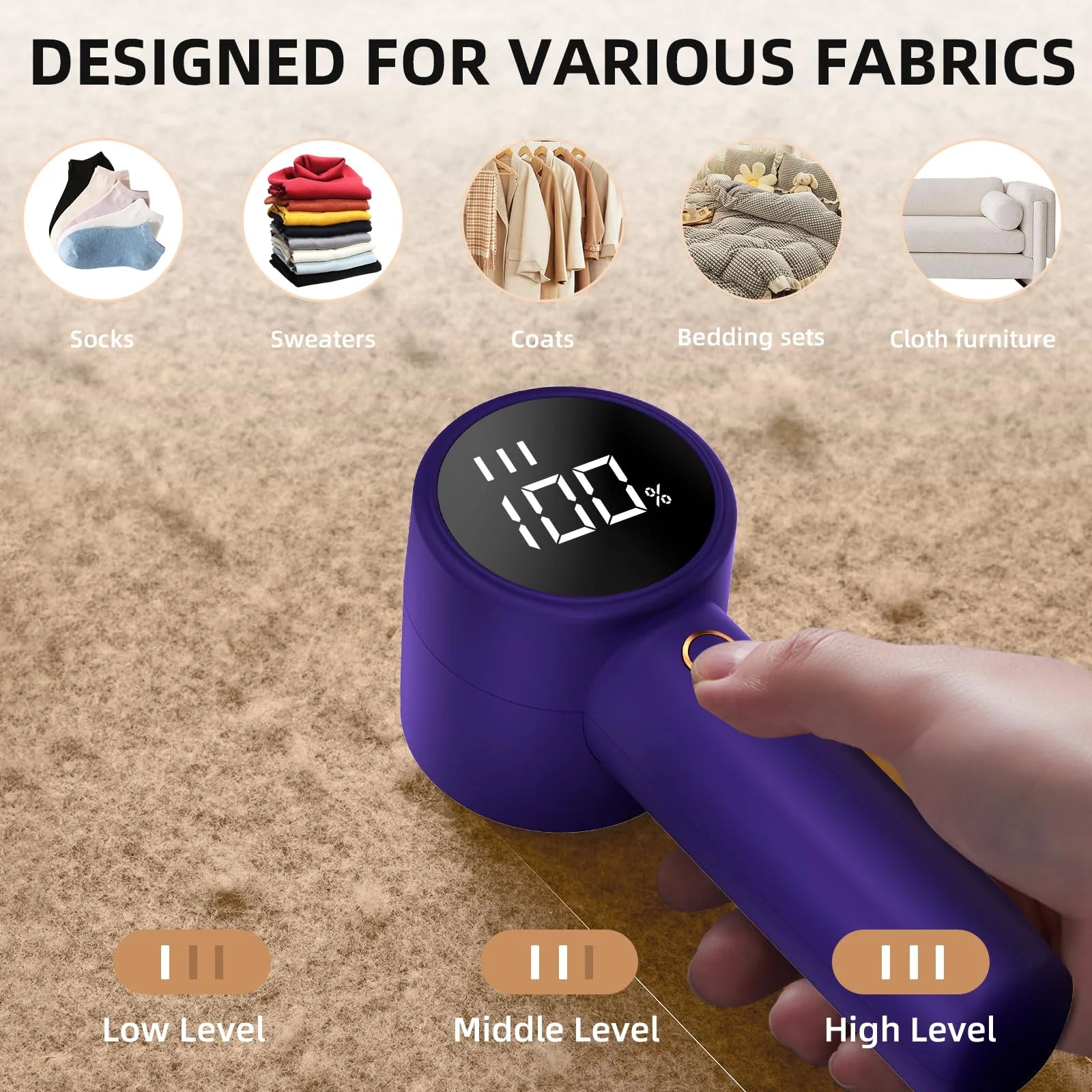 Rechargeable Fabric Shaver and Lint Remover – Electric Portable Sweater Defuzzer with 3 Speed Settings, 6 Leaf Blades, and Digital LED Display for Pilling Removal on Clothing, Furniture, and Textiles.