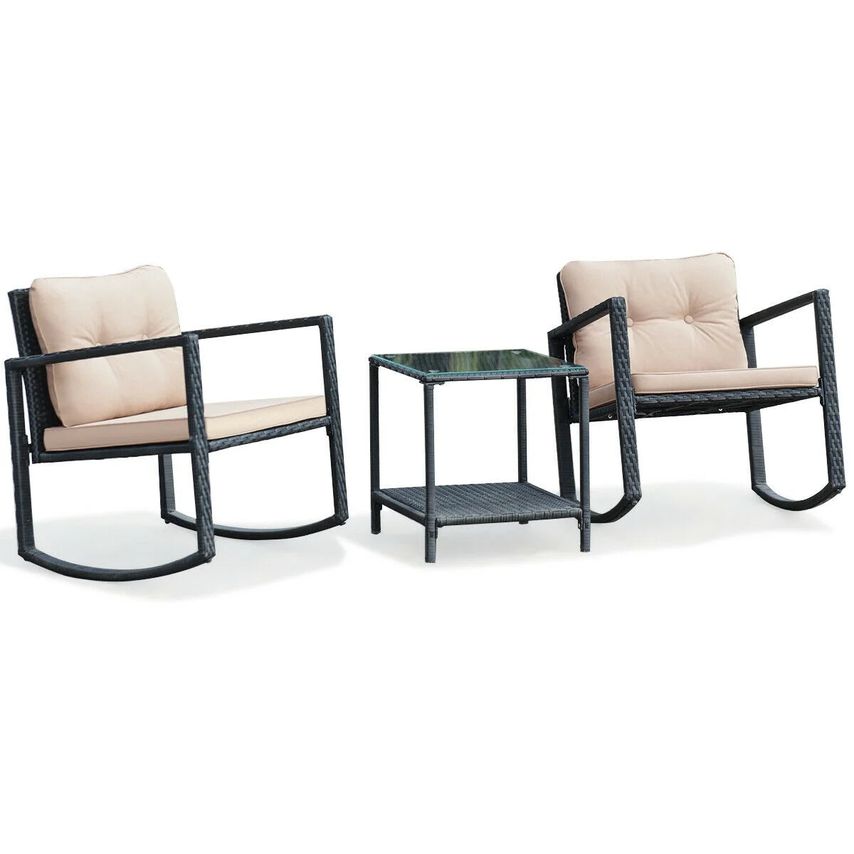 Elegant 3-Piece Rattan Rocking Chair & Table Set with Cushions – Perfect for Your Patio!