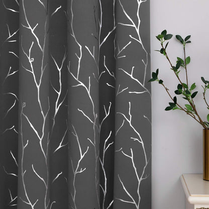 Elegant Light Grey Blackout Curtains with Silver Tree Branch Design, 63-Inch Length, Set of 2 Panels, Windproof, 38W x 63L