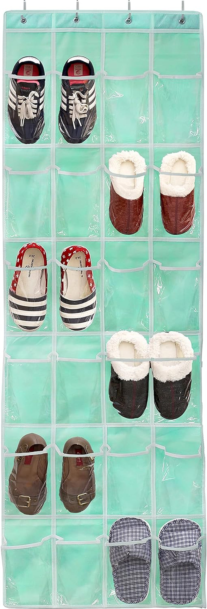 24-Pocket Over-the-Door Shoe Organizer in Crystal Clear with Turquoise Accents (64" x 19")