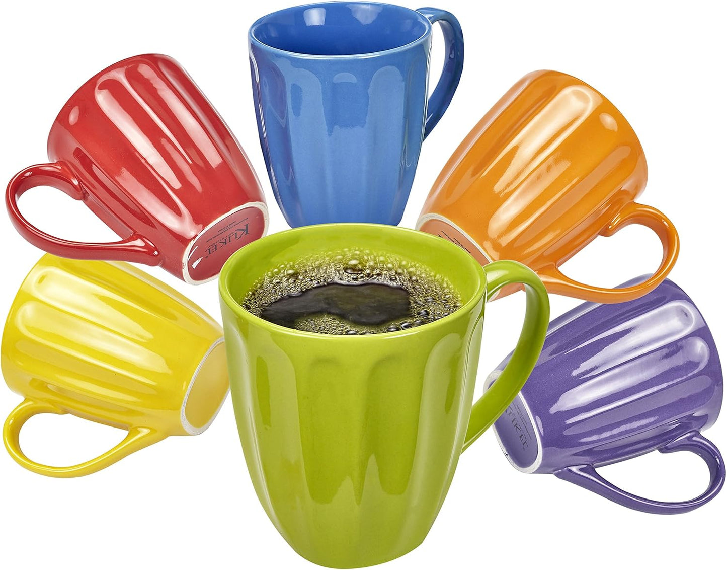 Set of 6 Multi-Colored 16 oz Stoneware Coffee Mugs with Flat Bottom