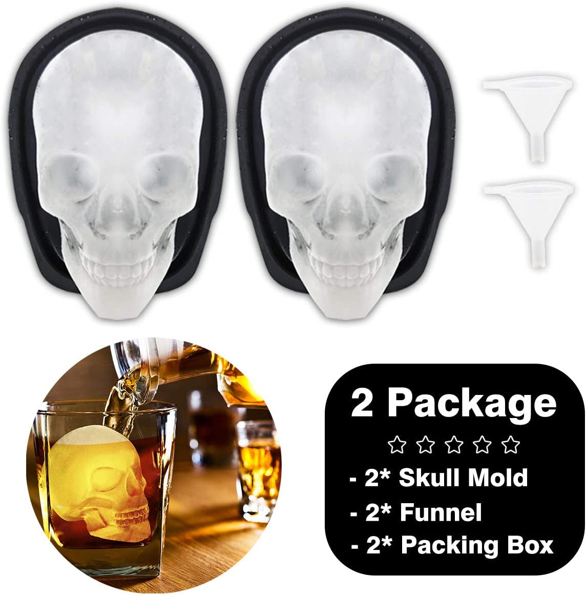 Extra Large 3D Skull Ice Cube Mold - Silicone Tray Set with Funnel for Large Beverage Glasses, Suitable for Resin, Chocolate, and Sugar Crafting - Ideal for Entertaining (2 Pieces)