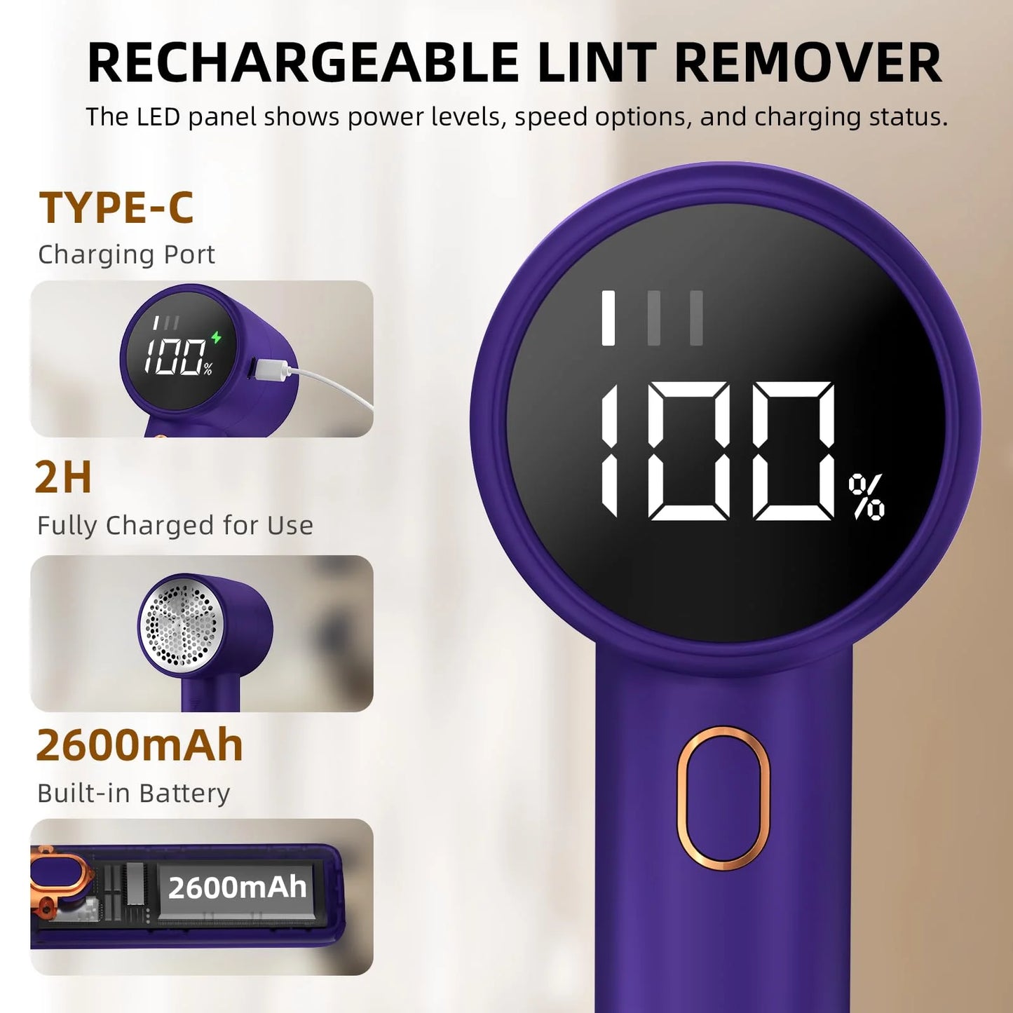 Rechargeable Fabric Shaver and Lint Remover – Electric Portable Sweater Defuzzer with 3 Speed Settings, 6 Leaf Blades, and Digital LED Display for Pilling Removal on Clothing, Furniture, and Textiles.