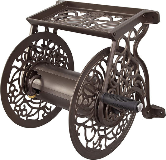 Bronze Wall-Mounted Garden Hose Reel - Accommodates 125 Feet of 5/8-Inch Hose, Crafted from Durable Cast Aluminum