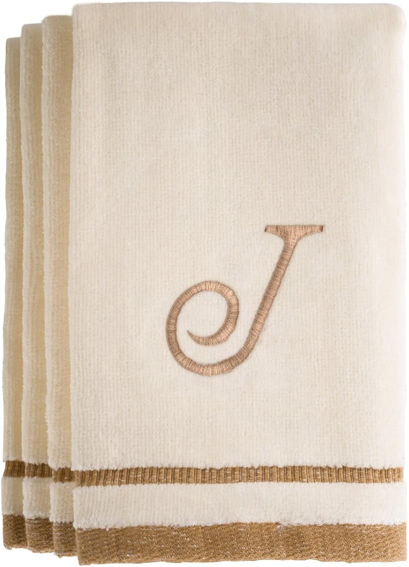 Custom Monogrammed Fingertip Towels Set of 4 - Luxurious Ivory with Golden Brown Embroidery - 100% Cotton, Extra Absorbent - Ideal for Bathroom or Kitchen - Initial H