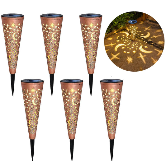 Solar Garden Lights - Waterproof Decorative Stake Lights with Moon and Star Design for Outdoor Patio, Pathway, and Backyard Decor (Copper, Set of 6)