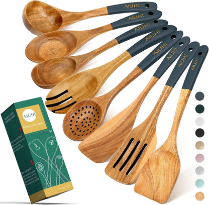 Premium Teak Wood Cooking Utensil Set - 8 Non-Scratch, Nonstick Spoons for Seamless Culinary Experience