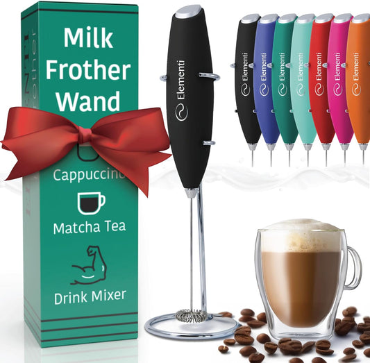 Premium Handheld Milk Frother and Drink Mixer with Stand - Perfect for Creating Cappuccinos, Lattes, and Hot Chocolate at Home (Black)