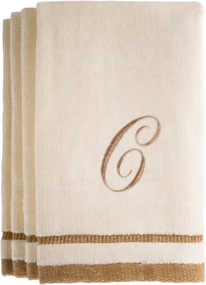 Custom Monogrammed Fingertip Towels Set of 4 - Luxurious Ivory with Golden Brown Embroidery - 100% Cotton, Extra Absorbent - Ideal for Bathroom or Kitchen - Initial H