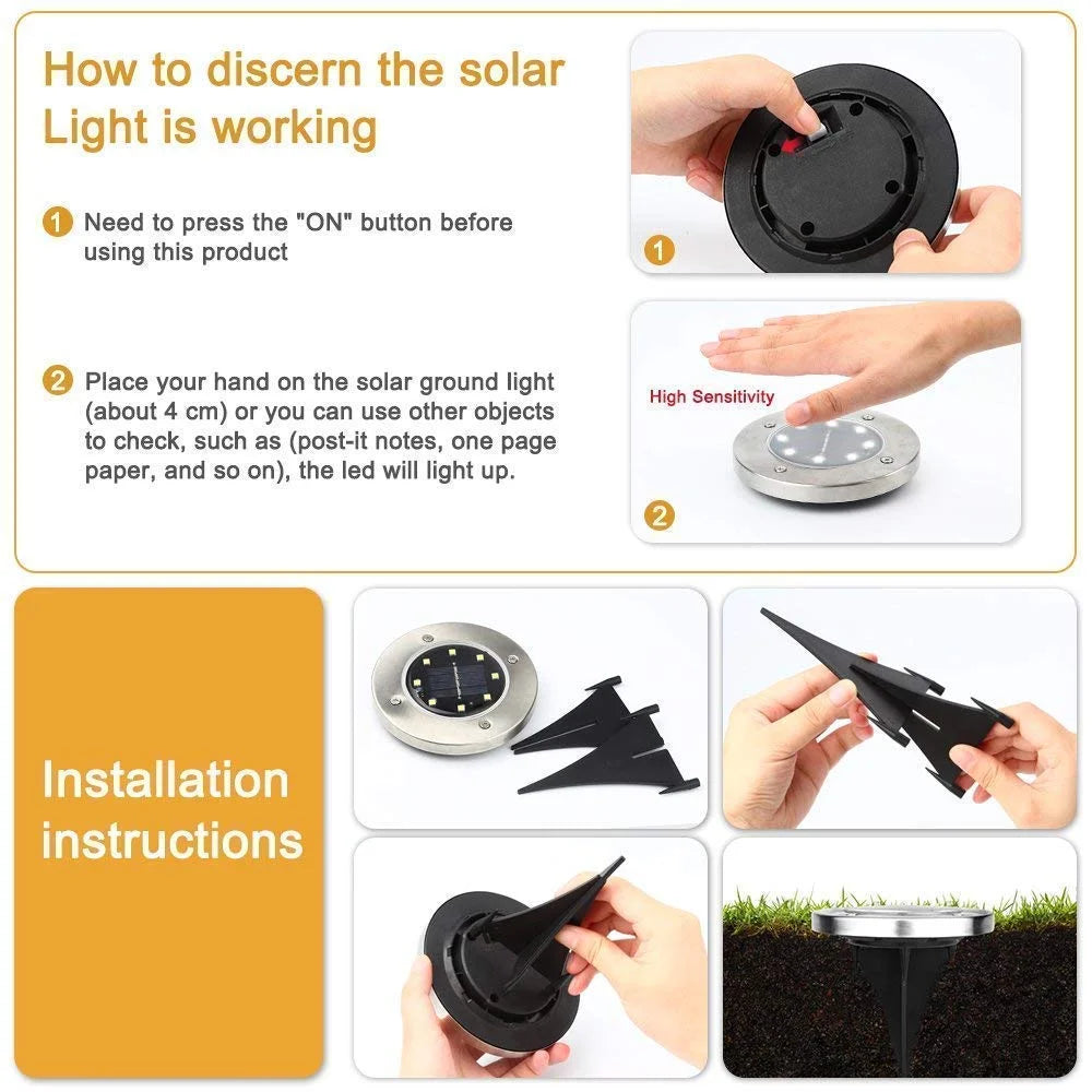 Outdoor Solar Disk Lights - 8 LED Waterproof Garden Lights for Pathways, Patios, and Lawns - White (8 Pack)