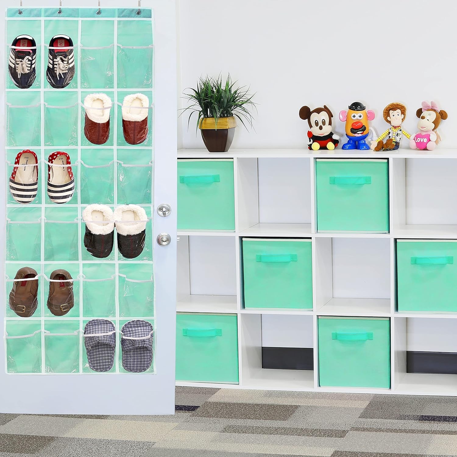 24-Pocket Over-the-Door Shoe Organizer in Crystal Clear with Turquoise Accents (64" x 19")