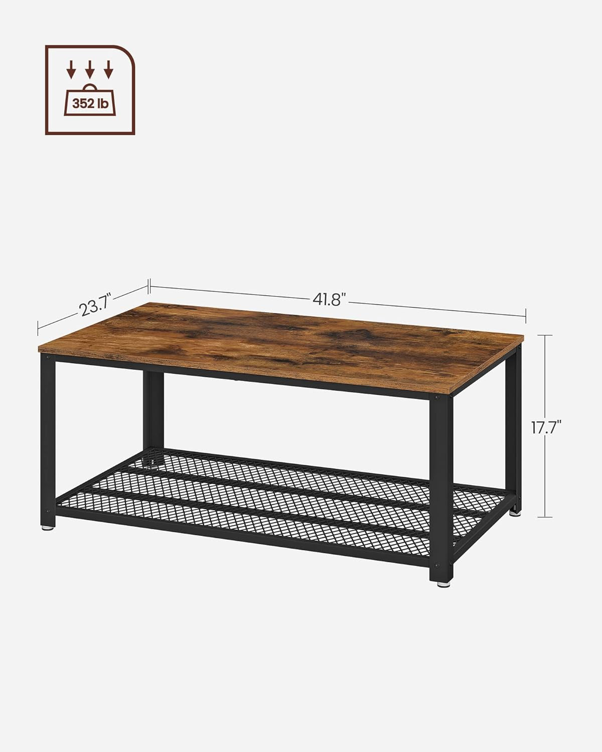 Industrial-Style Coffee Table with Two-Tier Design, Mesh Shelf, Steel Frame, and Adjustable Feet in Rustic Brown and Black Finish