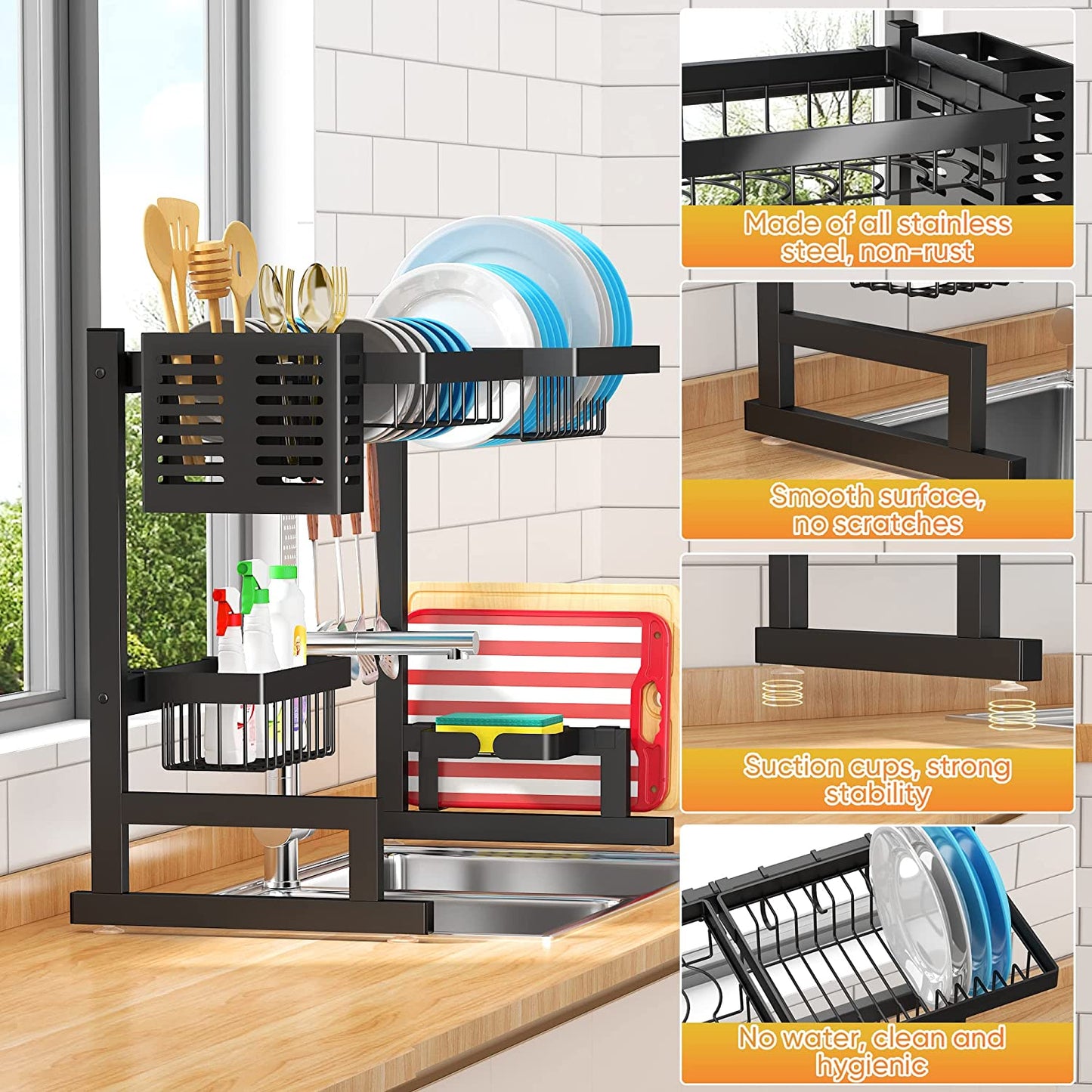 Adjustable 2-Tier Stainless Steel Over-Sink Dish Drying Rack for Kitchen Organization (26"-38") - Black Finish