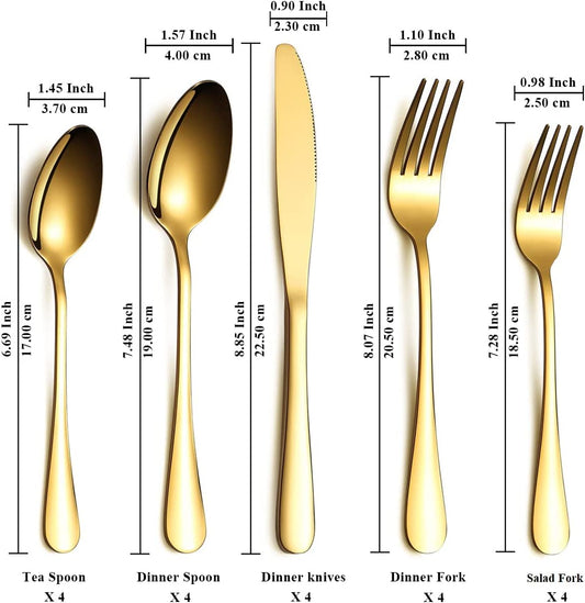 20-Piece Elegant Titanium Gold-Plated Stainless Steel Flatware Set for Four with Polished Finish