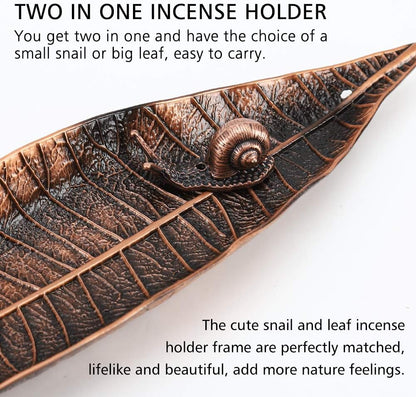 Incense Holder Set - Leaf and Snail Design, Red Copper Incense Burner and Ash Catcher for Meditation, Yoga, Home, and Office Use