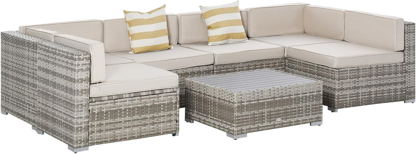 7-Piece Gray PE Rattan Outdoor Wicker Conversation Set with Cushions and Faux Wood Table