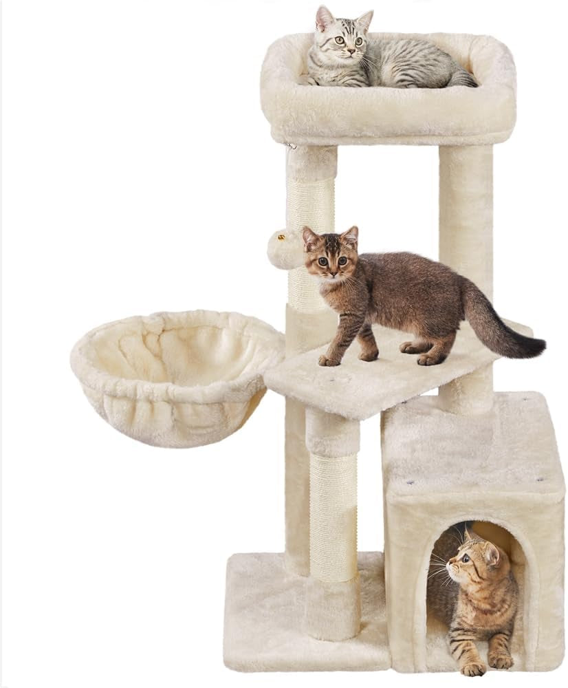 34-Inch Plush Indoor Cat Tree with Condo, Platform, and Basket for Kittens