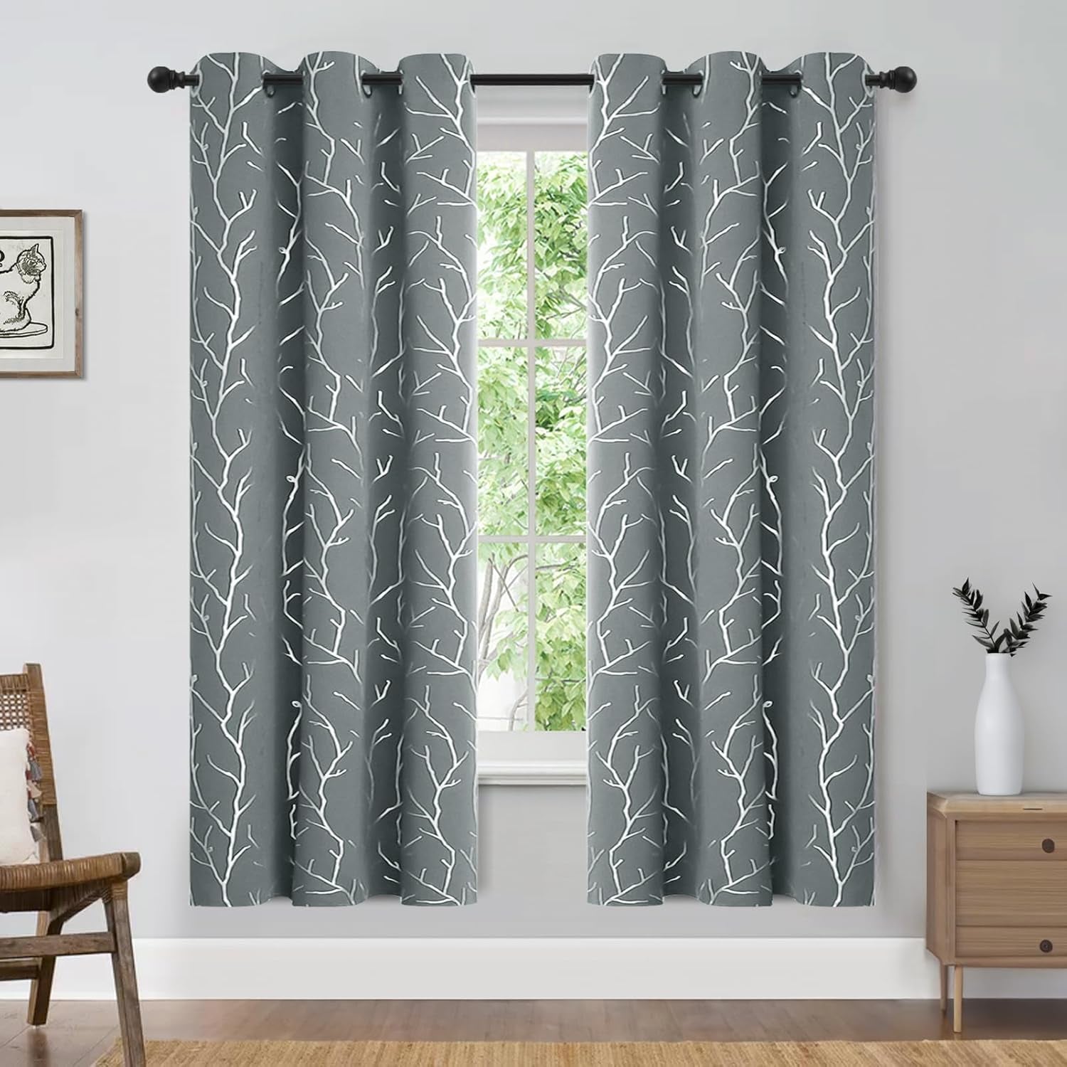 Elegant Light Grey Blackout Curtains with Silver Tree Branch Design, 63-Inch Length, Set of 2 Panels, Windproof, 38W x 63L