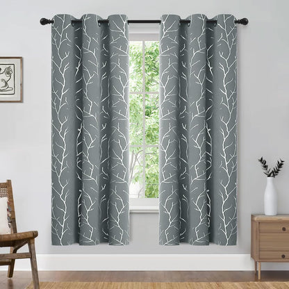 Elegant Light Grey Blackout Curtains with Silver Tree Branch Design, 63-Inch Length, Set of 2 Panels, Windproof, 38W x 63L