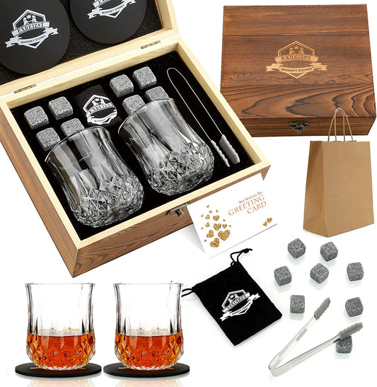 Whiskey Stones Gift Set - Premium Granite Chilling Rocks with Two Elegant Whiskey Glasses - Ideal Gift Box for Scotch and Bourbon Enthusiasts - Perfect for Christmas, Birthdays, and Special Occasions