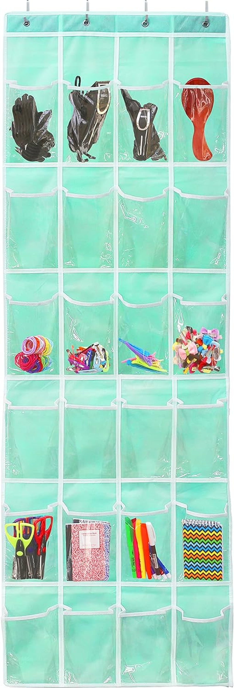 24-Pocket Over-the-Door Shoe Organizer in Crystal Clear with Turquoise Accents (64" x 19")