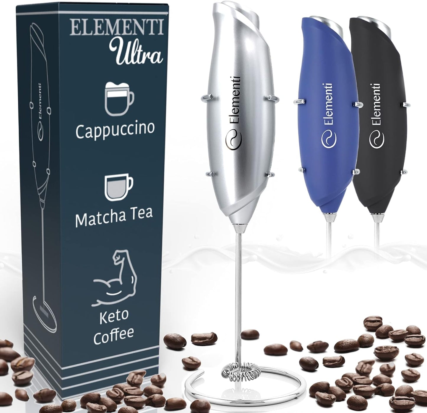Premium Handheld Milk Frother and Drink Mixer with Stand - Perfect for Creating Cappuccinos, Lattes, and Hot Chocolate at Home (Black)