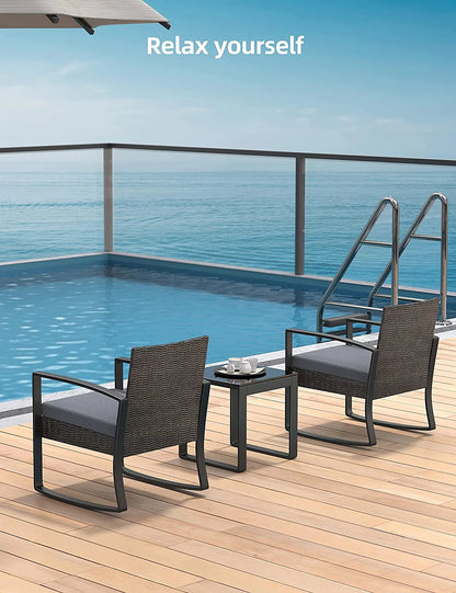 Contemporary 3-Piece Wicker Patio Chair Set with Coffee Table, Ideal for Balconies, Yards, and Gardens, Featuring Gray Cushions (Pillows Not Included)