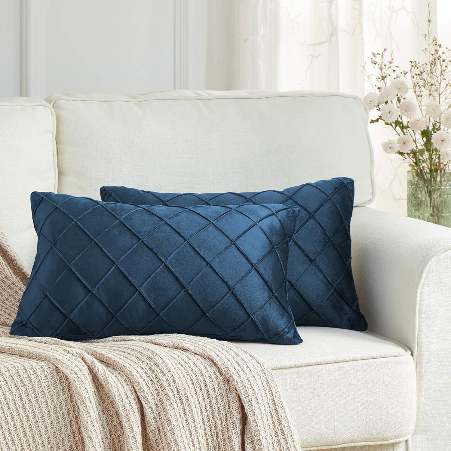 Luxurious Dark Blue Velvet Throw Pillow Covers - Set of 2, 12x20 Soft Cushion Cases for Home, Automotive, and Outdoor Decor
