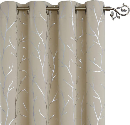 Elegant Light Grey Blackout Curtains with Silver Tree Branch Design, 63-Inch Length, Set of 2 Panels, Windproof, 38W x 63L