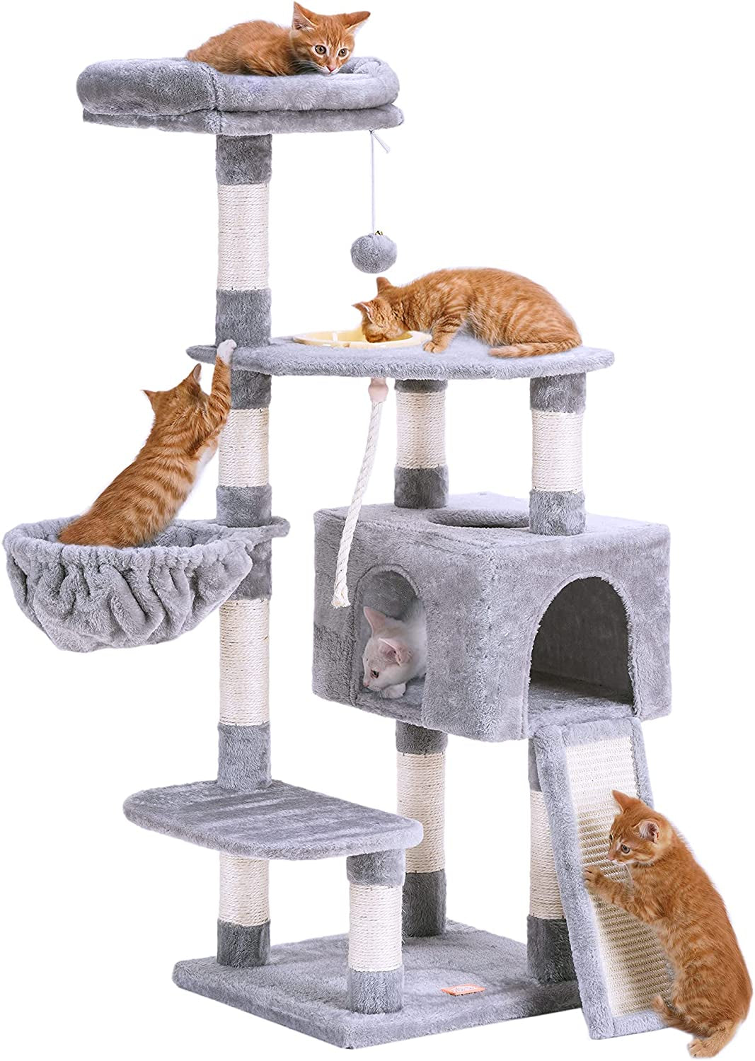 Multi-Tier Indoor Cat Tree and Tower with Scratching Board and Feeding Bowl in Light Gray HCT010M