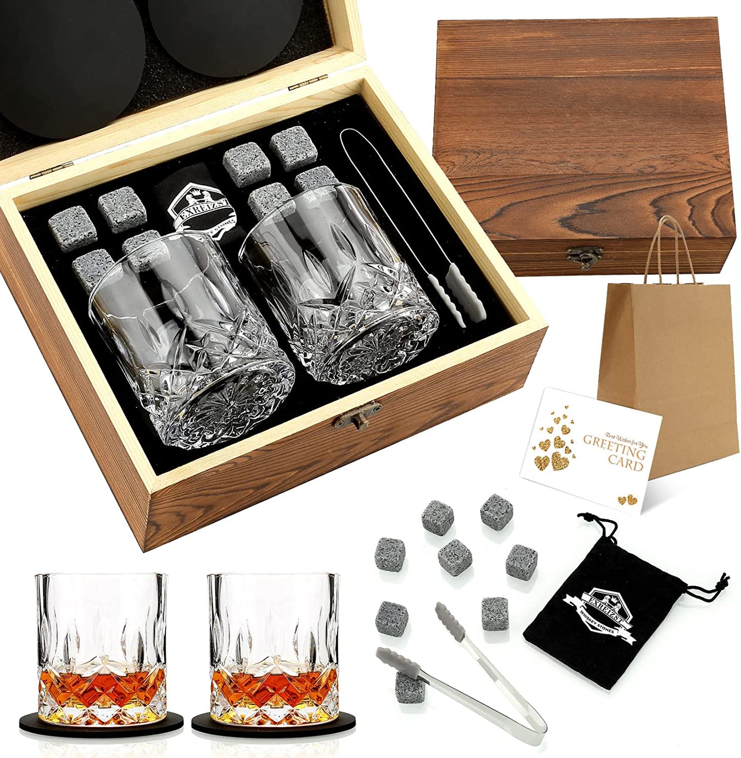 Whiskey Stones Gift Set - Premium Granite Chilling Rocks with Two Elegant Whiskey Glasses - Ideal Gift Box for Scotch and Bourbon Enthusiasts - Perfect for Christmas, Birthdays, and Special Occasions