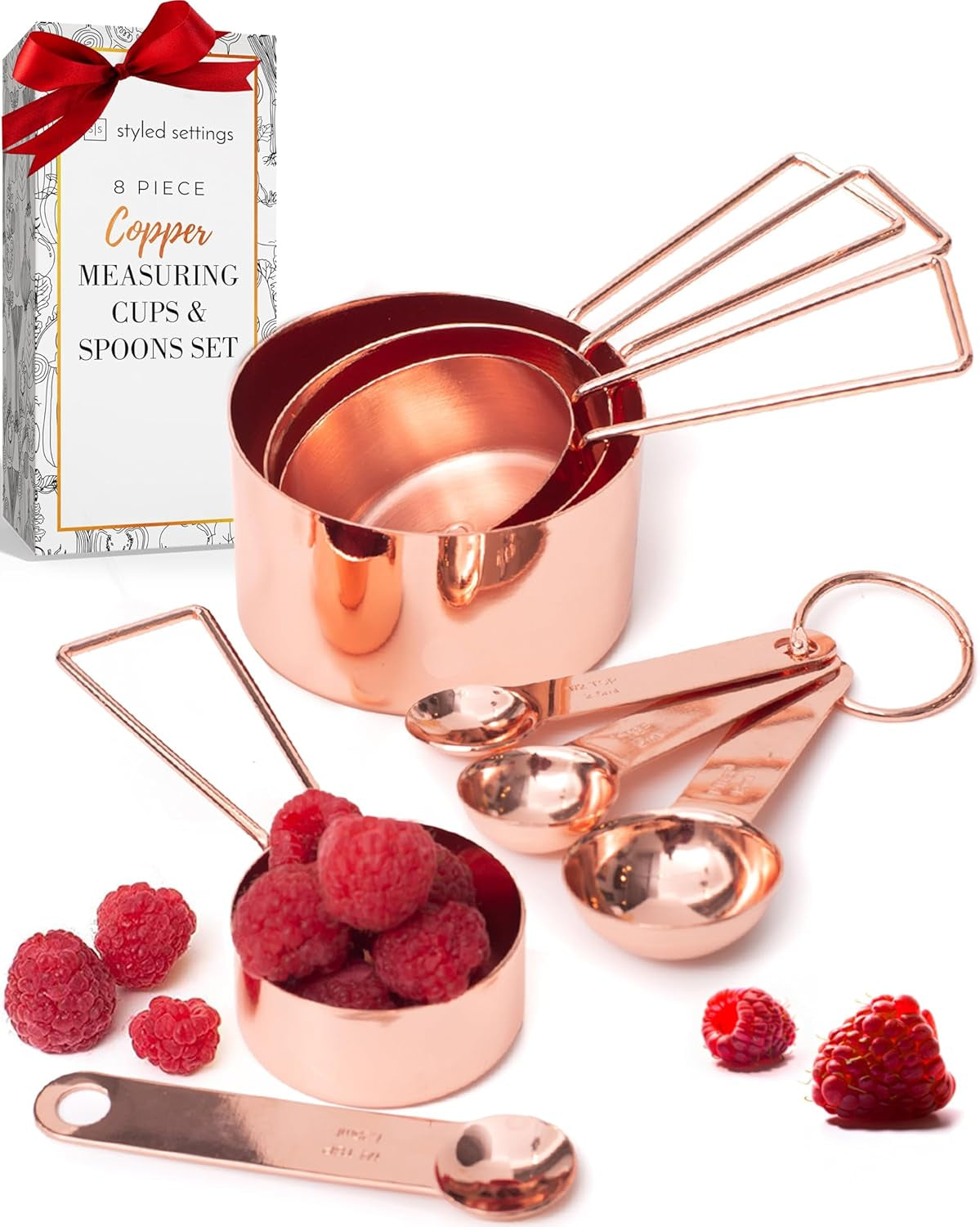 Elegant Rose Gold Copper Measuring Cups and Spoons Set - 8-Piece Stackable Stainless Steel Kitchen Essentials for Culinary Use